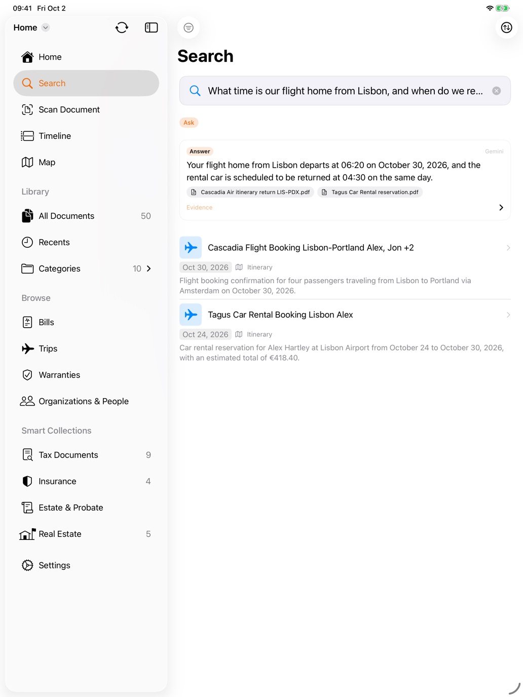 A shared library on iPad: a family member asks when the flight home from Lisbon leaves and when the rental car is due back, and gets one answer from the airline itinerary and the rental reservation