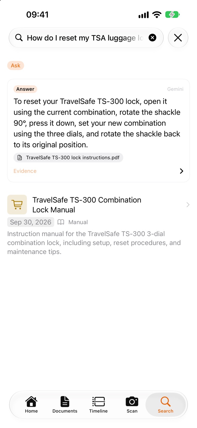 Enqlave on iPhone answering how to reset a TSA luggage lock, citing the lock's instruction leaflet