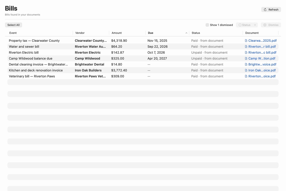 Bills on Mac: property tax, water, electric, camp, dental, renovation and vet bills with amounts, due dates and paid status
