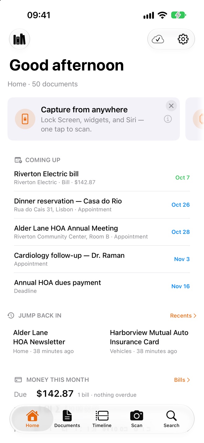 Enqlave Home on iPhone: coming up this month, recent documents and money due