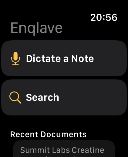 Enqlave on Apple Watch: dictate a note, search, and recent documents