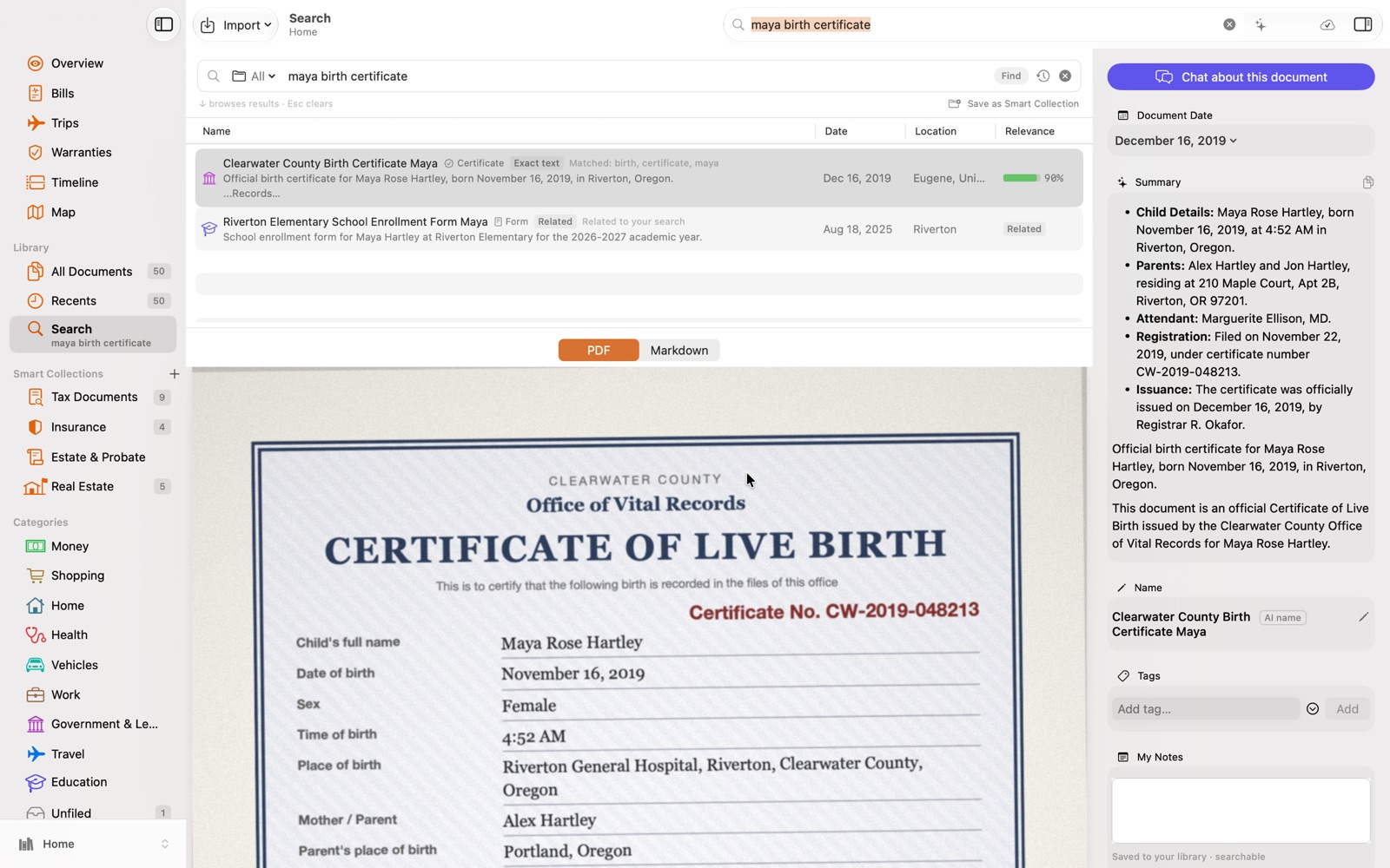 A birth certificate in Enqlave on Mac, with its summary, date and name filled in automatically