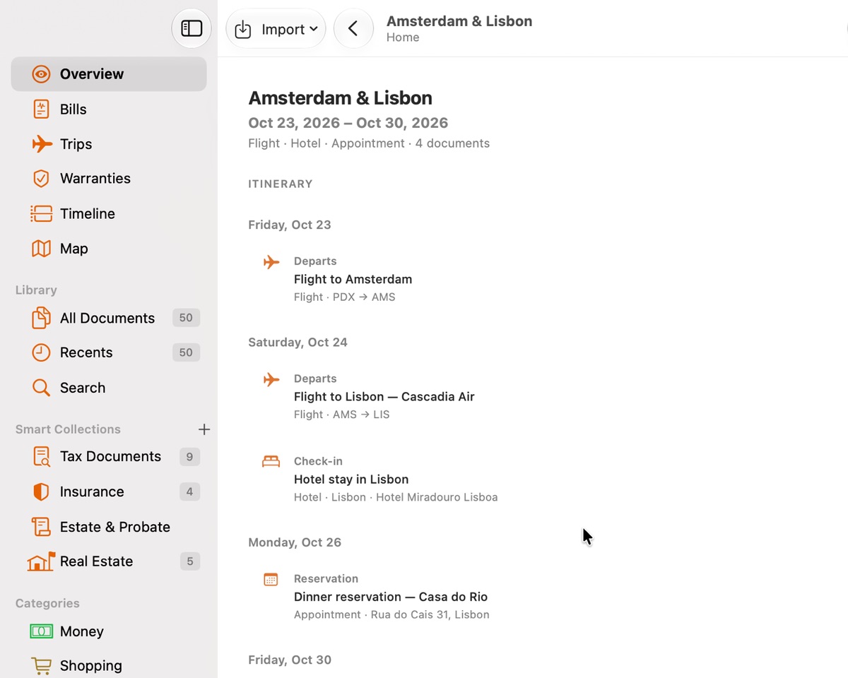 An Amsterdam and Lisbon trip on Mac: flights, hotel check-in and check-out, and a dinner reservation, day by day